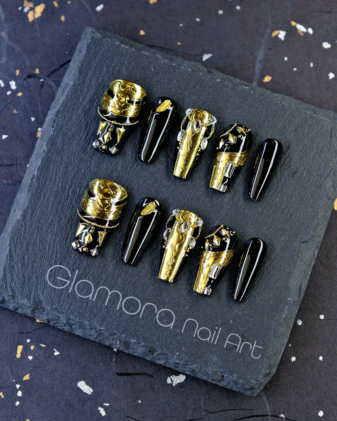 Black & Gold Luxury Press-On Nails – Handmade Nail Art with FDA-Approved Materials | Glamora Nail Art