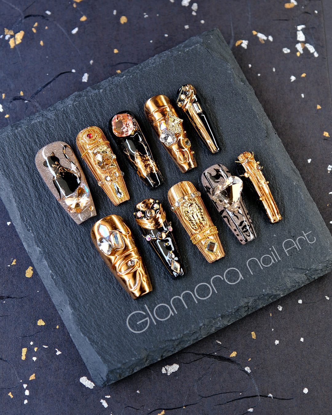 Rose Gold & Black Gothic Press-On Nails – Handmade Luxury Nail Art with Gemstone Accents | FDA-Approved