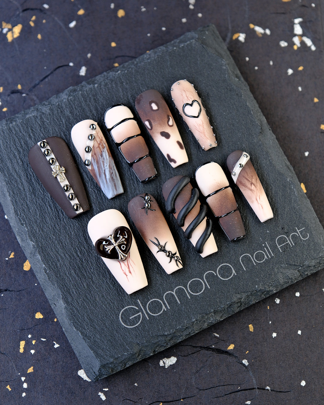 Gothic Nude & Brown Press-On Nails – Handmade Dark Glam Nail Art with 3D Accents | FDA-Approved