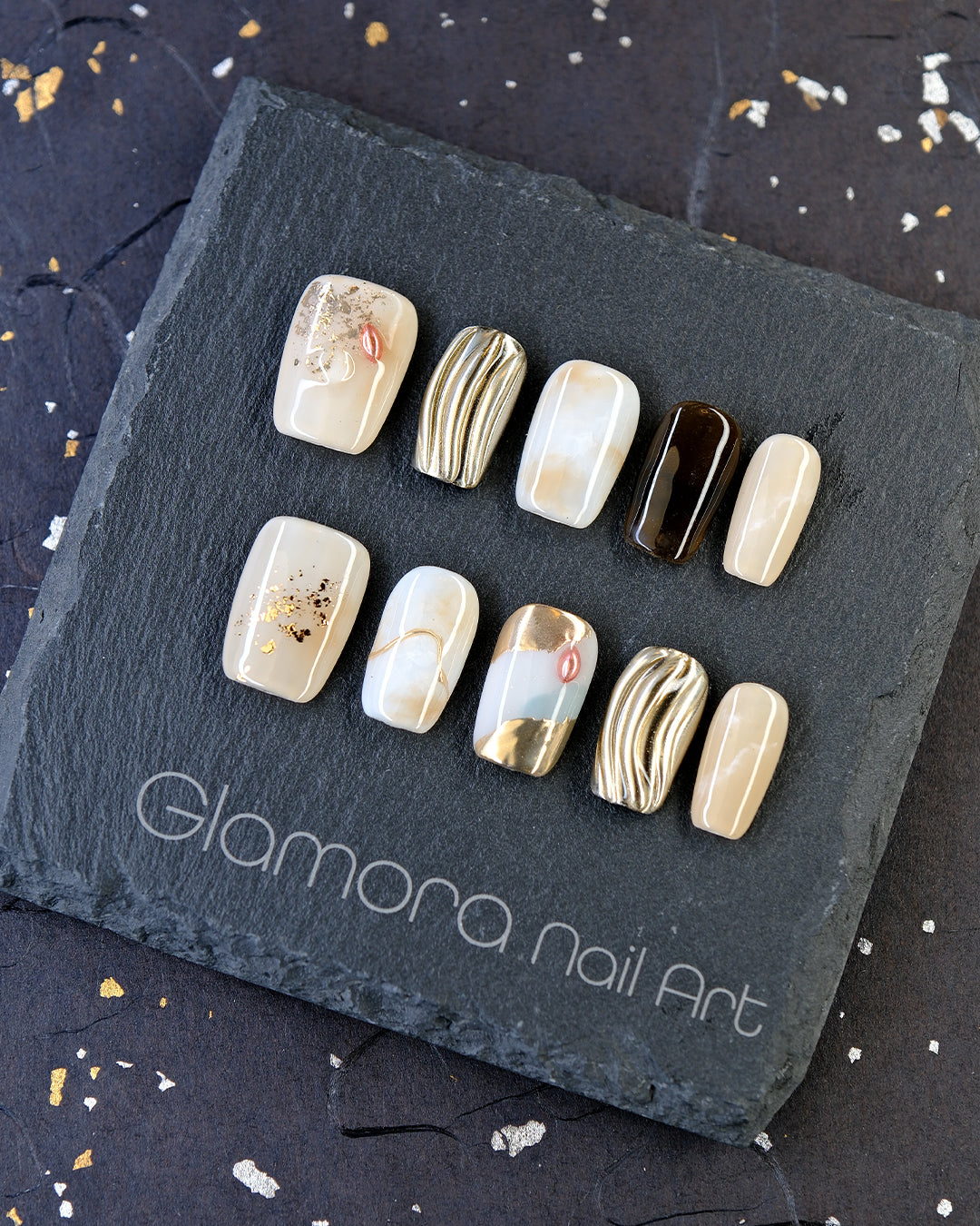 Minimalist Nude & Gold Press-On Nails – Handmade Marble Luxury Nail Art | FDA-Approved