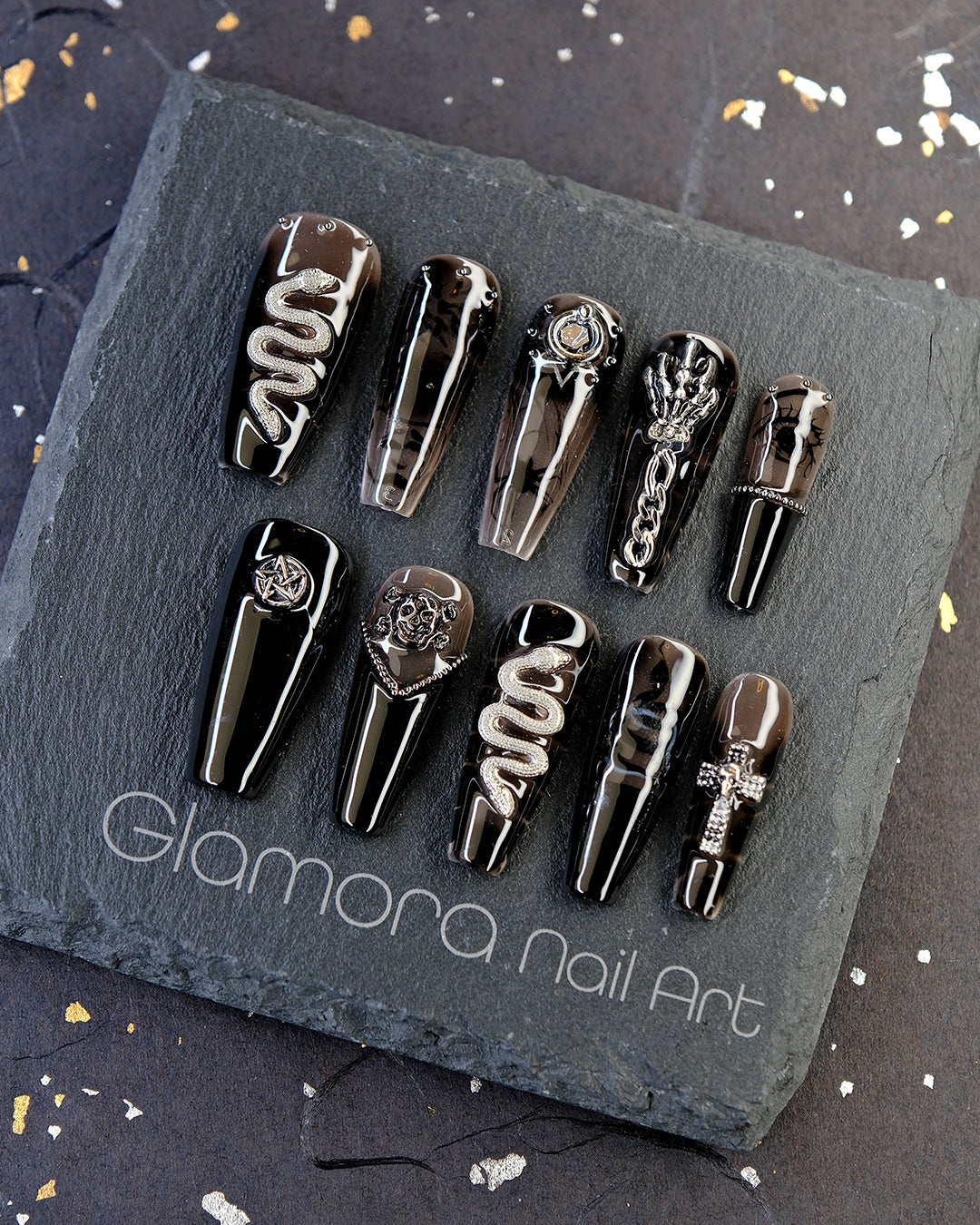 Black Gothic Snake & Skull Press-On Nails – Handmade Dark Glam Nail Art | FDA-Approved