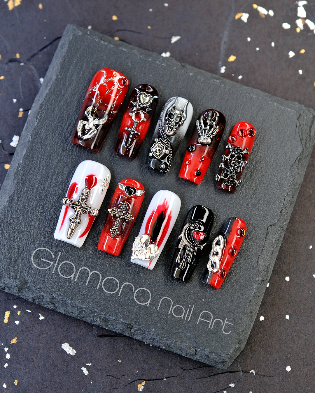 Blood Red & Black Gothic Press-On Nails – Handmade Vampire Dark Glam Nail Art | FDA-Approved