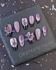 Purple Gothic Lolita Press-On Nails – Handmade Dark Glam with Bows & Crystals | FDA-Approved