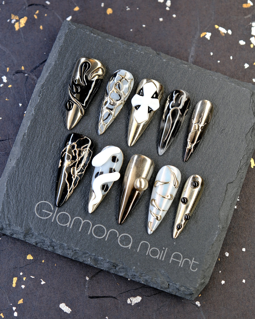 Metallic Black & White Futuristic Press-On Nails – Handmade Dark Glam Nail Art | FDA-Approved