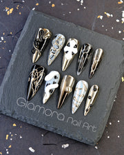 Metallic Black & White Futuristic Press-On Nails – Handmade Dark Glam Nail Art | FDA-Approved