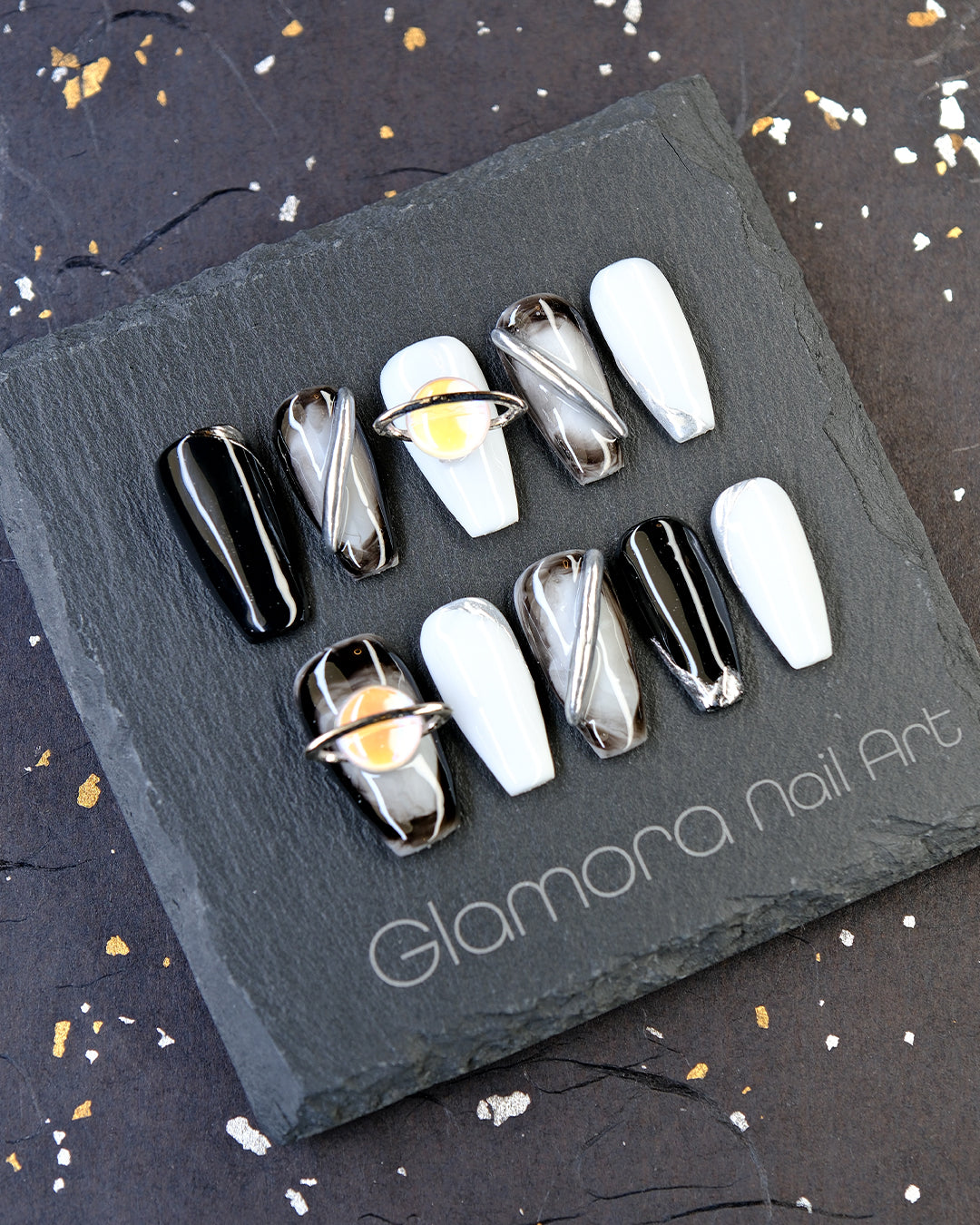 Black & White Cosmic Press-On Nails – Handmade Galaxy Nail Art with 3D Planet Accent | FDA-Approved