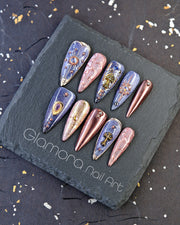 Mystic Galaxy Purple & Rose Gold Press-On Nails – Handmade Celestial Nail Art | FDA-Approved