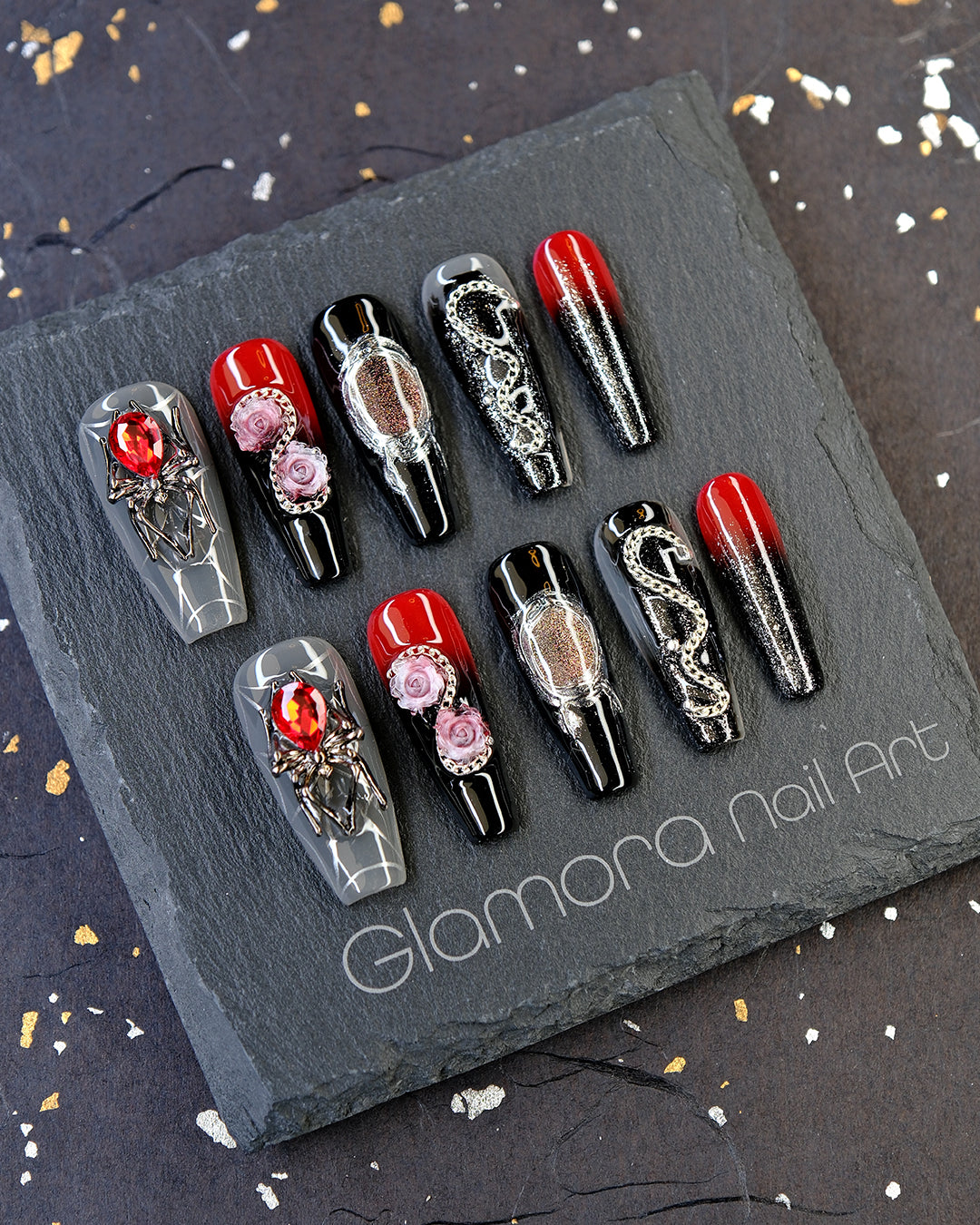 Black & Red Gothic Spider Press-On Nails – Handmade Dark Glam with 3D Roses & Snake Accents | FDA-Approved
