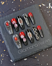 Black & Red Gothic Spider Press-On Nails – Handmade Dark Glam with 3D Roses & Snake Accents | FDA-Approved