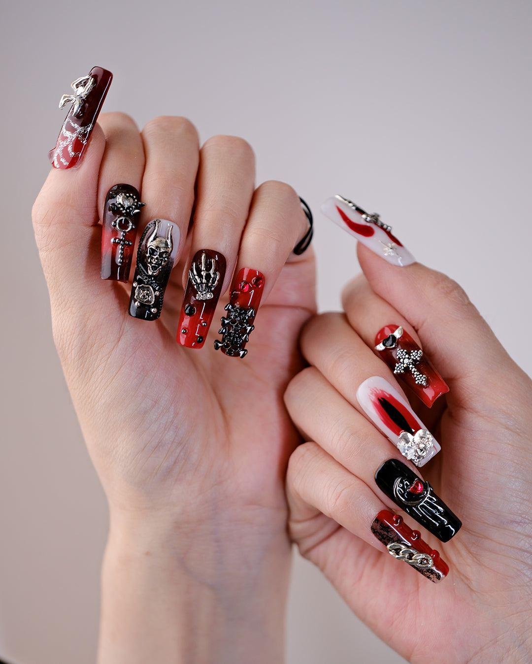 Blood Red & Black Gothic Press-On Nails – Handmade Vampire Dark Glam Nail Art | FDA-Approved