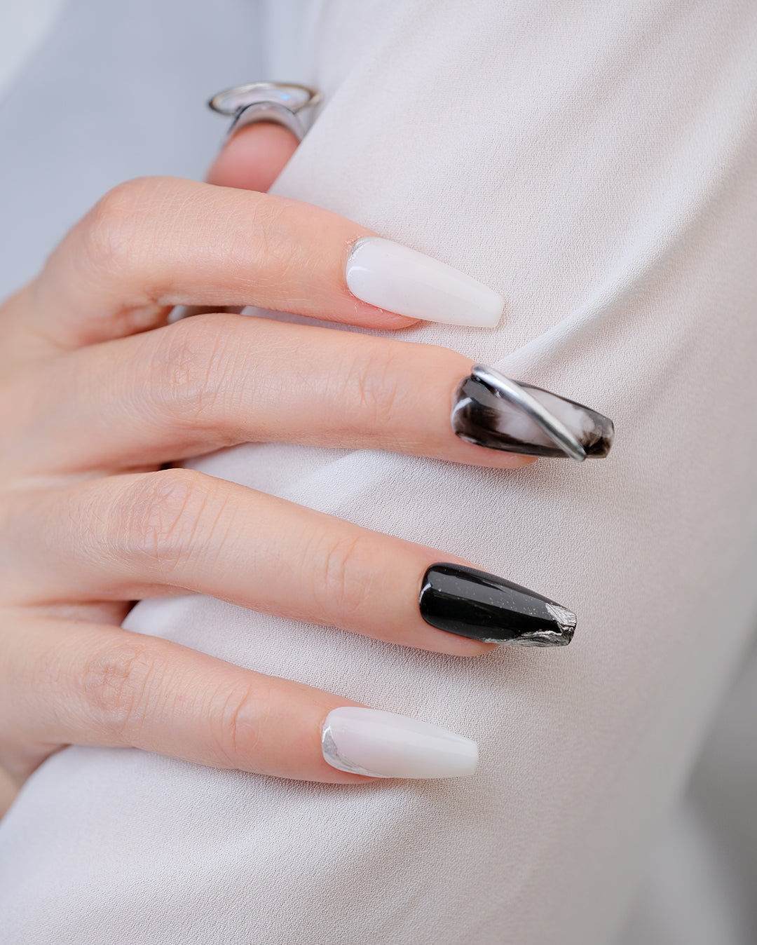 Black & White Cosmic Press-On Nails – Handmade Galaxy Nail Art with 3D Planet Accent | FDA-Approved