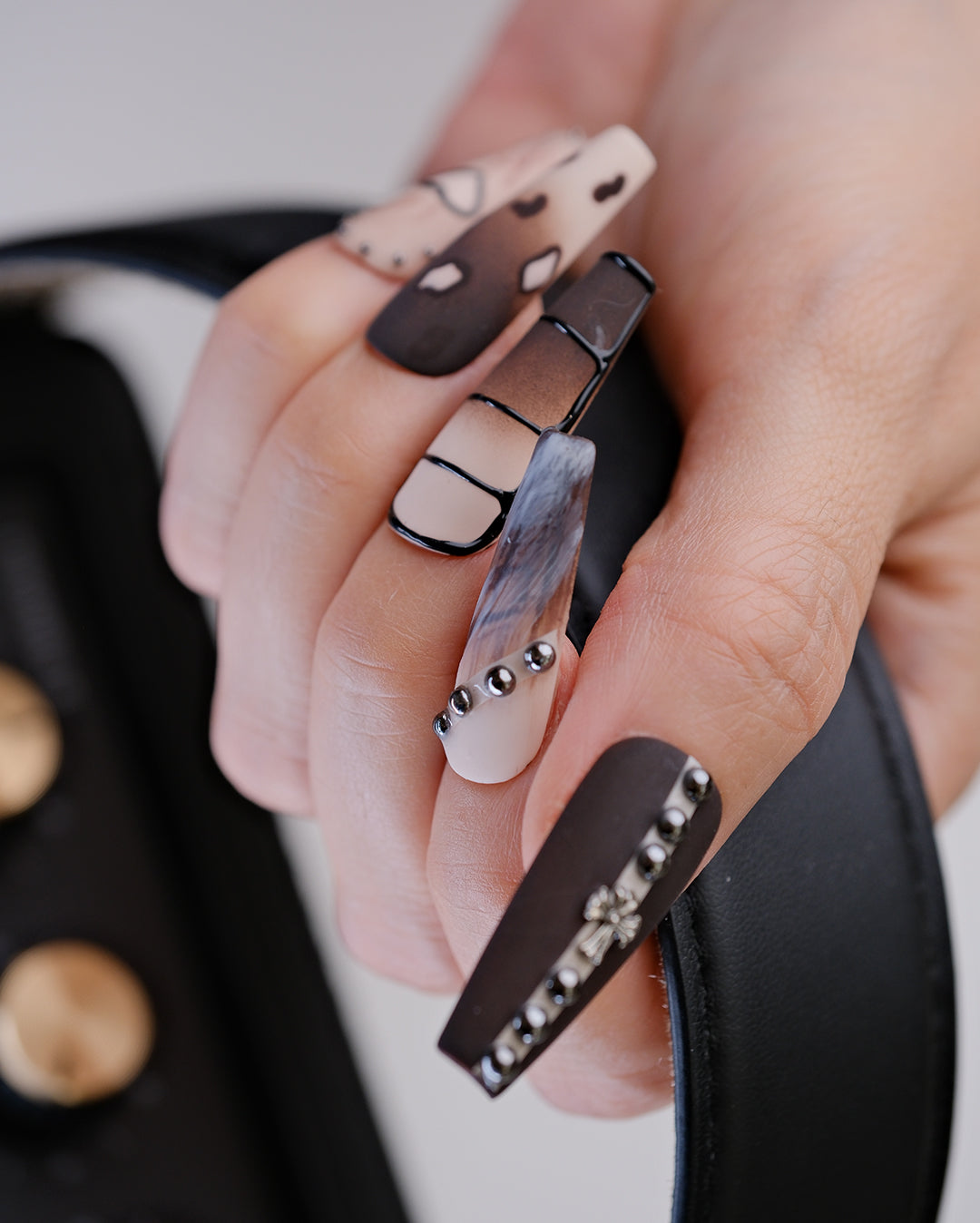 Gothic Nude & Brown Press-On Nails – Handmade Dark Glam Nail Art with 3D Accents | FDA-Approved