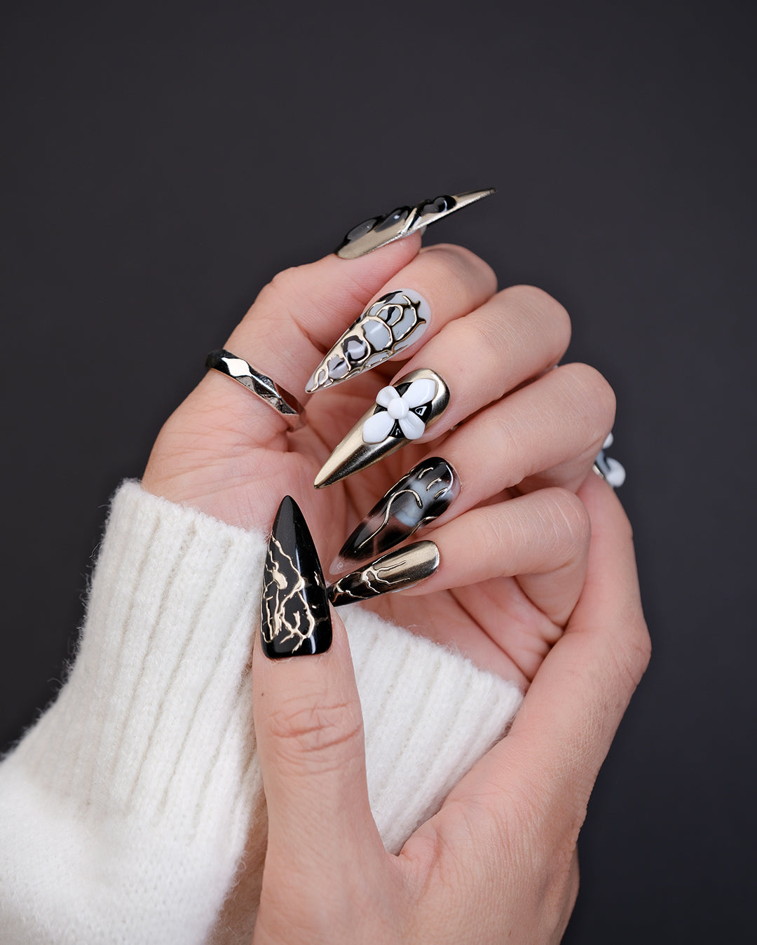 Metallic Black & White Futuristic Press-On Nails – Handmade Dark Glam Nail Art | FDA-Approved
