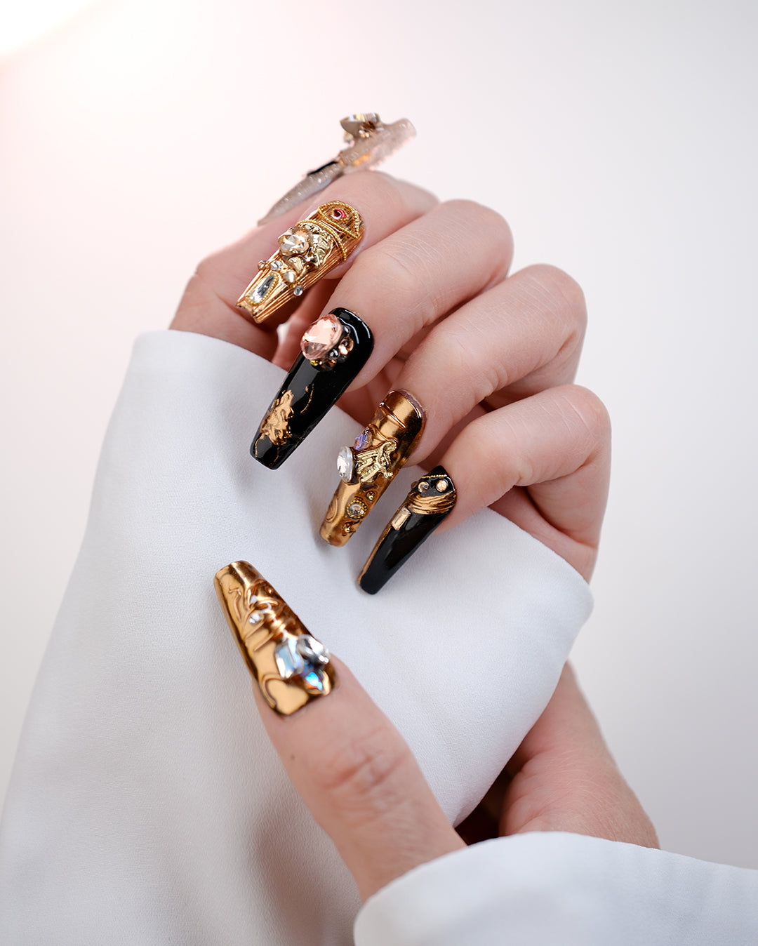 Rose Gold & Black Gothic Press-On Nails – Handmade Luxury Nail Art with Gemstone Accents | FDA-Approved
