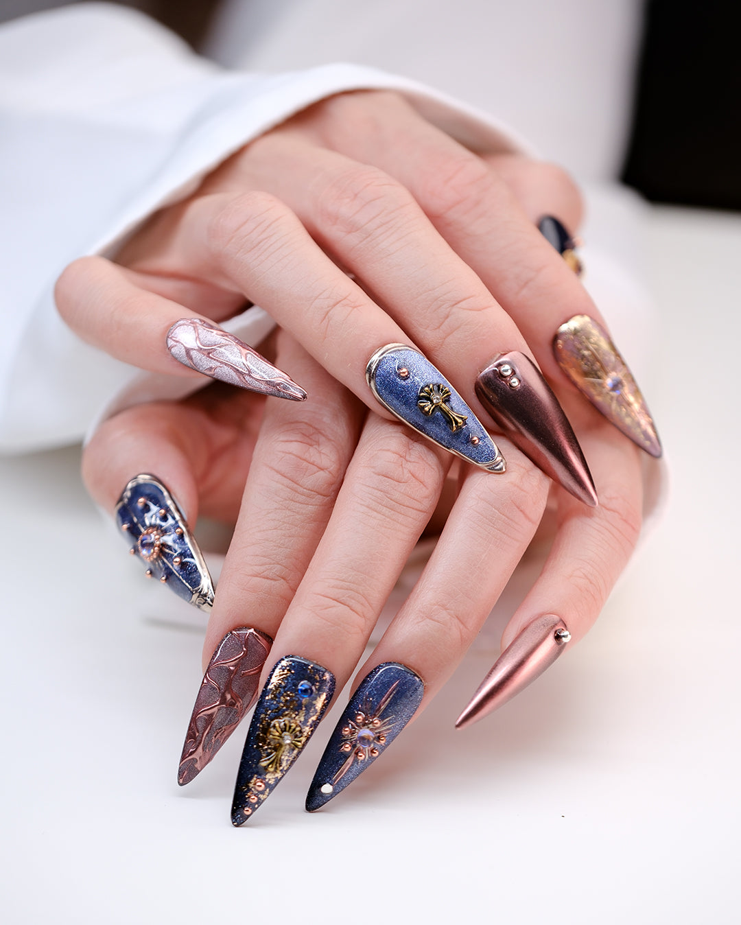 Mystic Galaxy Purple & Rose Gold Press-On Nails – Handmade Celestial Nail Art | FDA-Approved