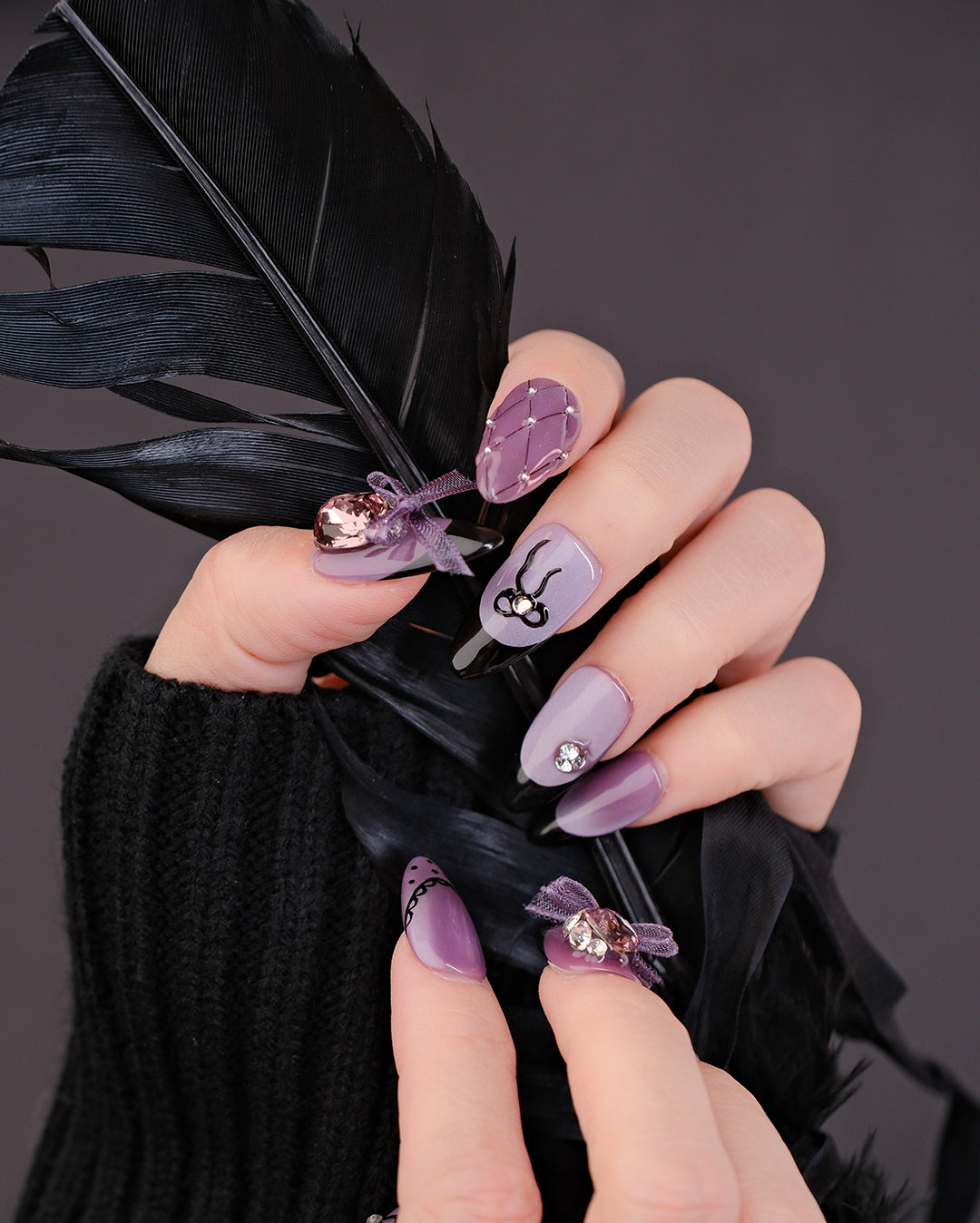 Purple Gothic Lolita Press-On Nails – Handmade Dark Glam with Bows & Crystals | FDA-Approved