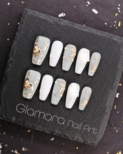 White & Mist Grey Press-On Nails – Handmade Minimalist Luxury with Gold Leaf Accents | FDA-Approved