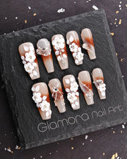 3D White Floral & Nude Gradient Press-On Nails – Handmade Couture Bridal Nail Art | FDA-Approved