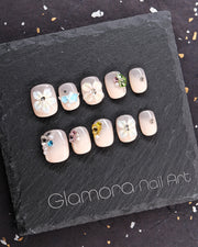 Nude Pearl Blossom Press-On Nails – Handmade Luxury Floral Nail Art with Gemstone Accents | FDA-Approved