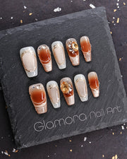 Caramel & Gold Gradient Press-On Nails – Handmade Modern Luxury Nail Art | FDA-Approved