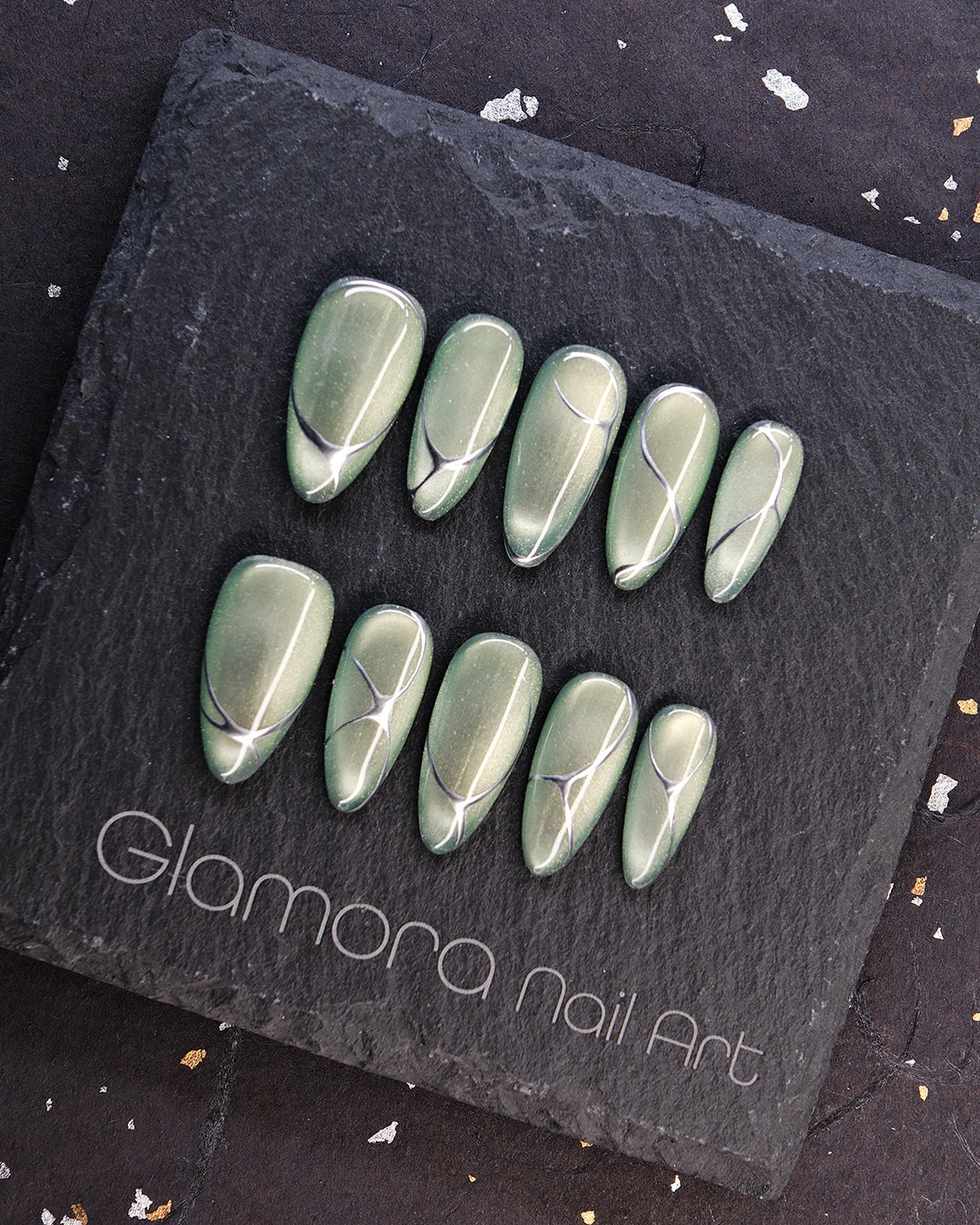 Metallic Green Minimalist Press-On Nails – Handmade Futuristic Nature Nail Art | FDA-Approved