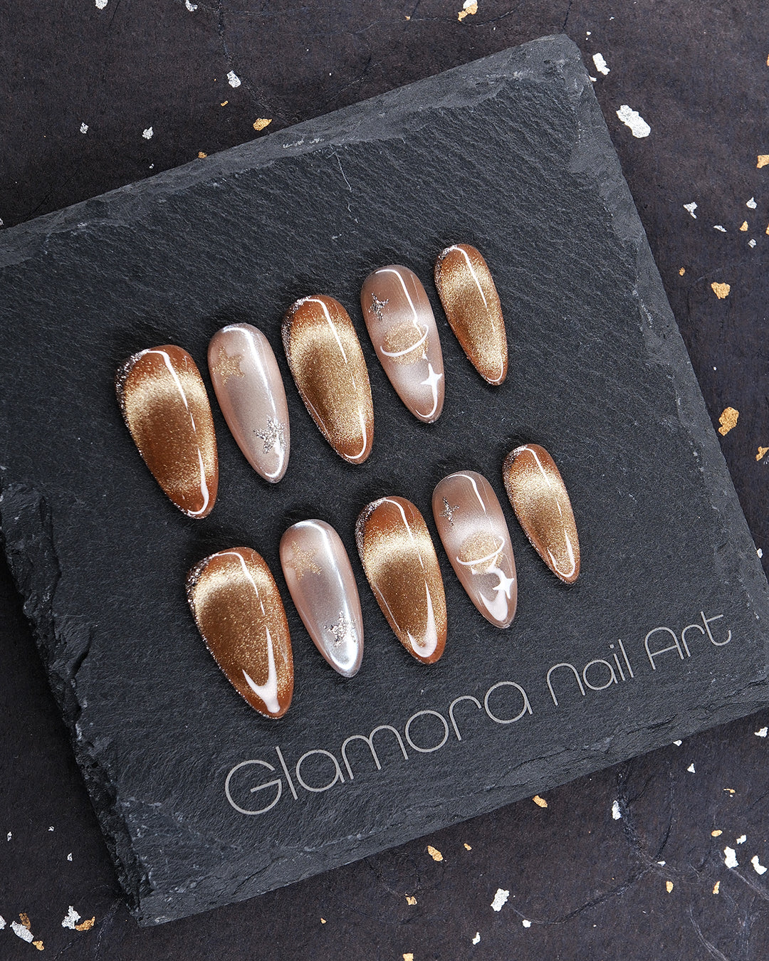 Golden Galaxy Press-On Nails – Handmade Cosmic Gradient Nail Art | FDA-Approved