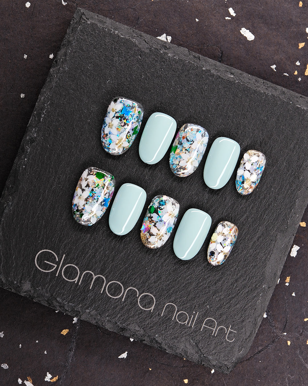 Mint Shimmer Mosaic Press-On Nails – Handmade Iridescent Art Nail Design | FDA-Approved