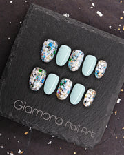 Mint Shimmer Mosaic Press-On Nails – Handmade Iridescent Art Nail Design | FDA-Approved