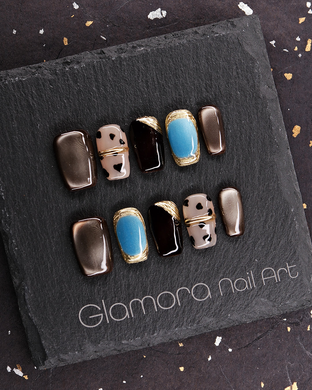 Coffee & Turquoise Contrast Press-On Nails – Handmade Urban Art Nail Design | FDA-Approved