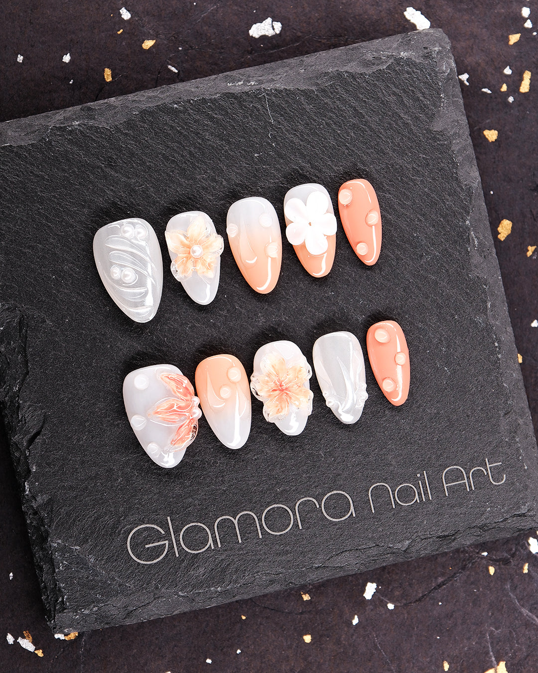 Peach Blossom Pearl Press-On Nails – Handmade Floral Elegance | FDA-Approved