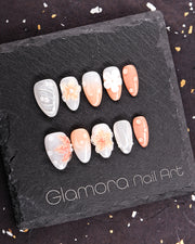 Peach Blossom Pearl Press-On Nails – Handmade Floral Elegance | FDA-Approved