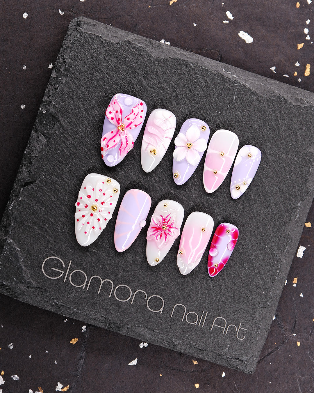 Pink Blossom & Bow Press-On Nails – Handmade 3D Floral & Polka Dot Design | FDA-Approved