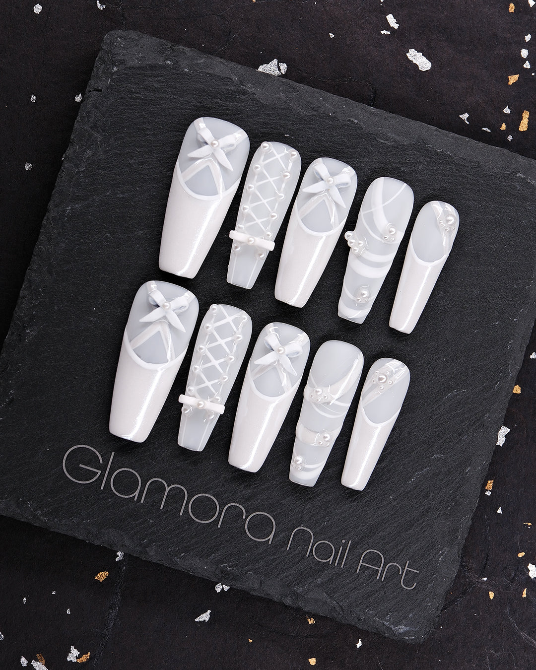 White Ballet Bow Press-On Nails – Handmade Elegant Lace & Pearl Design | FDA-Approved