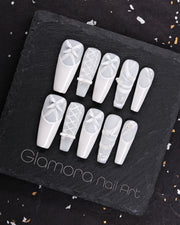 White Ballet Bow Press-On Nails – Handmade Elegant Lace & Pearl Design | FDA-Approved