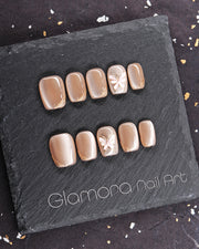 Mocha Butterfly Press-On Nails – Handmade Nude Luxury with Gold Detailing | FDA-Approved